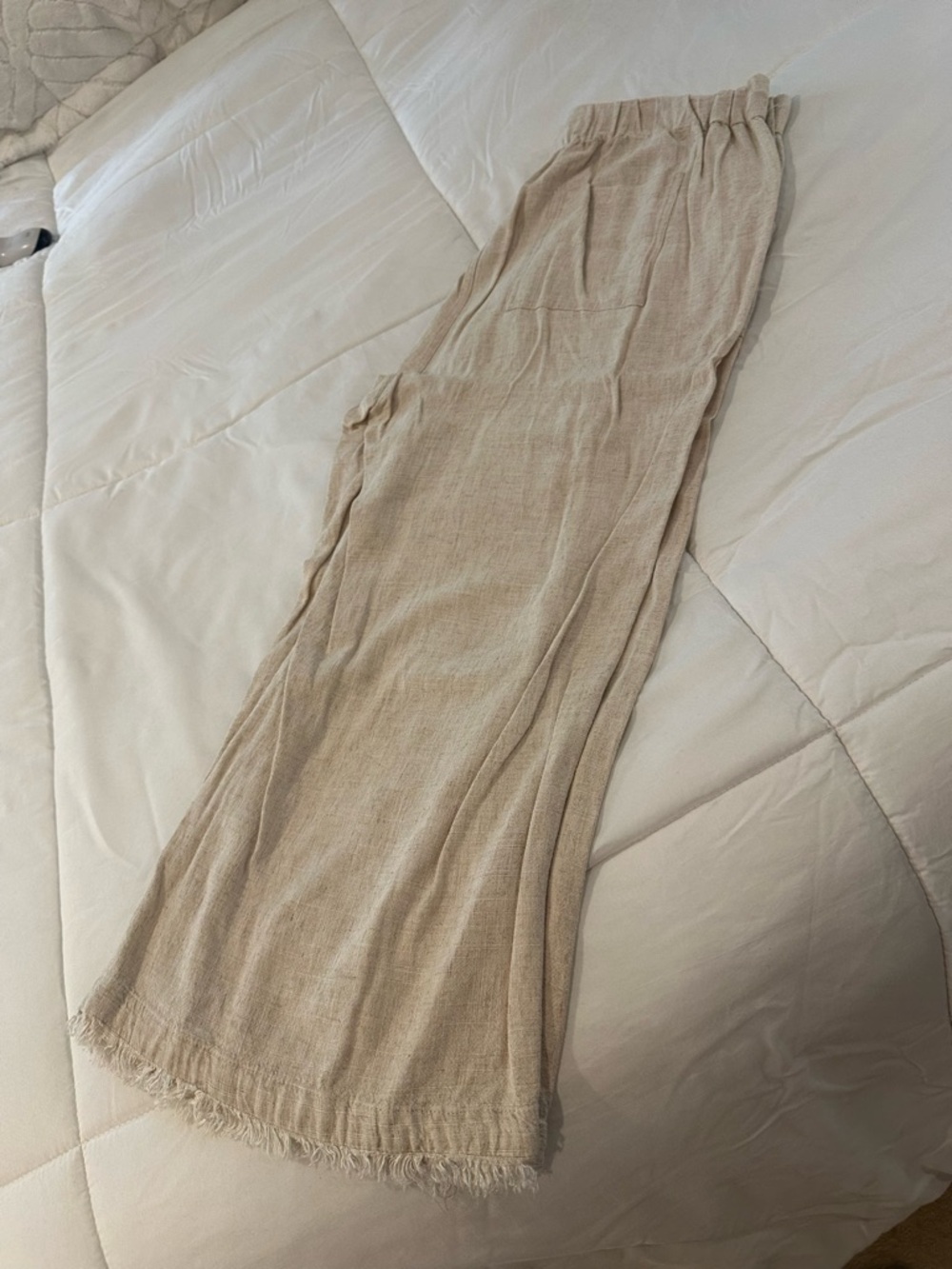 Lightweight Beige Wide-Leg Fringe Hem Pants